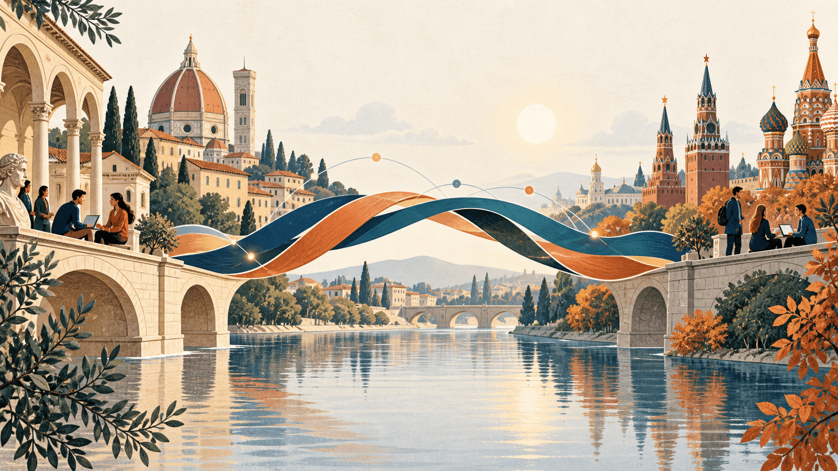 A blue and orange bridge connects Italian and Russian architecture, symbolising cultural exchange and digital collaboration.